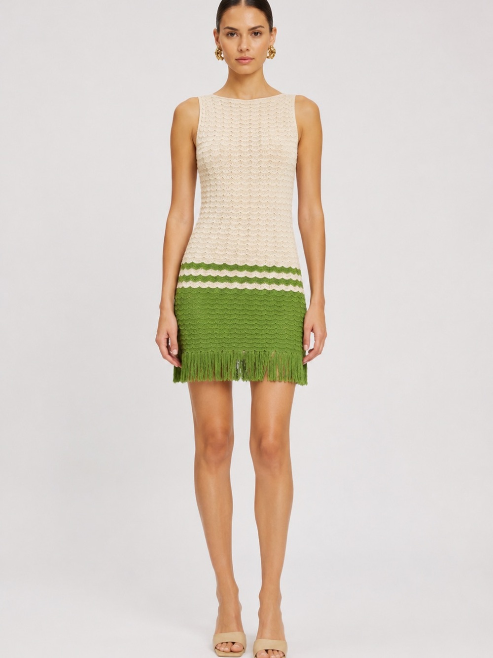 Torn by Ronny Kobo Cream and Green Crochet Slip Dress with Fringe